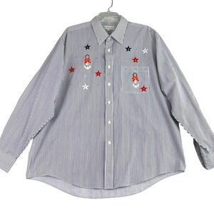 Marquis Women's XL Striped‎ Button Down Shirt Nautical Anchor Star Embellished